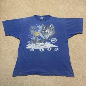Vtg 90s Wolf Shirt Mens XL Blue National Wildlife Federation Wolves Nature Snow